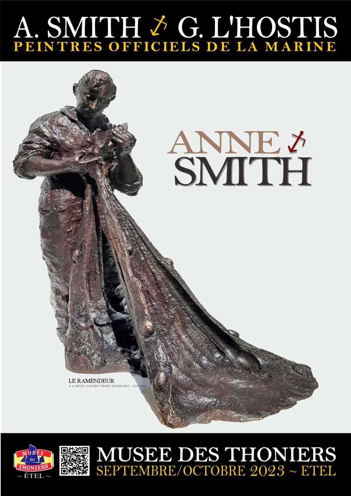 Sculpture d'Anne Smith en bronze représentant un homme qui répare un filet de pêche : un ramendeur